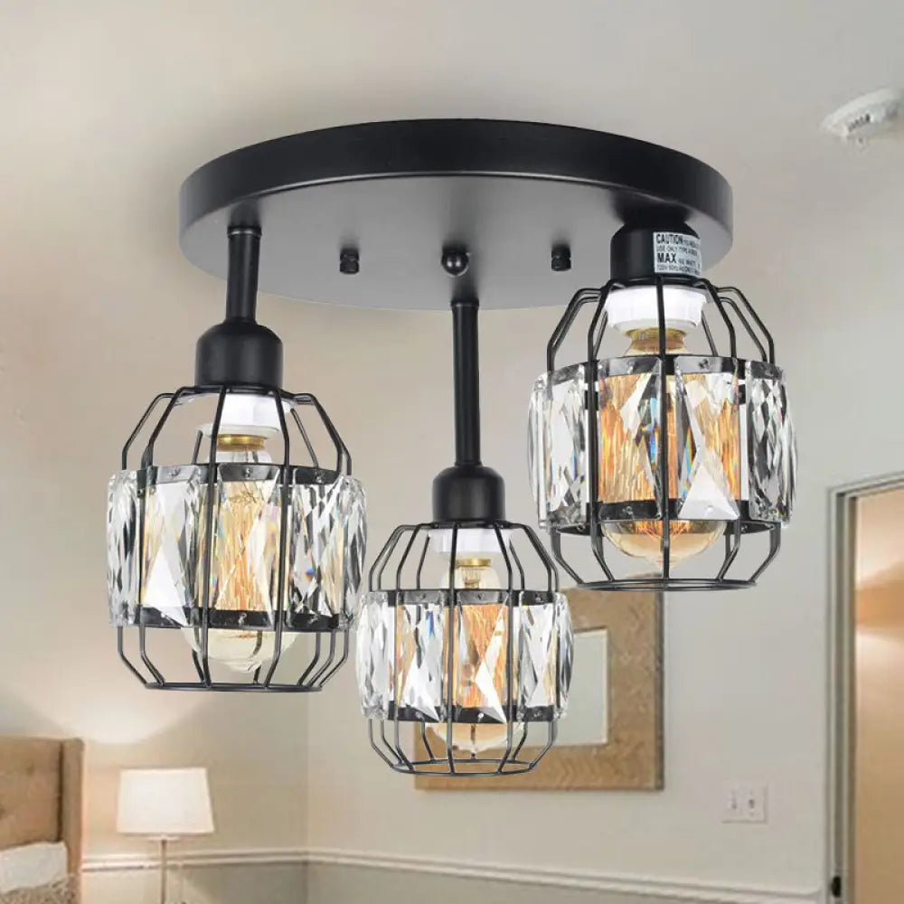 Traditional Cup Shape Iron Frame Ceiling Lamp With Crystal Accent - 3 - Light Semi Flushmount In