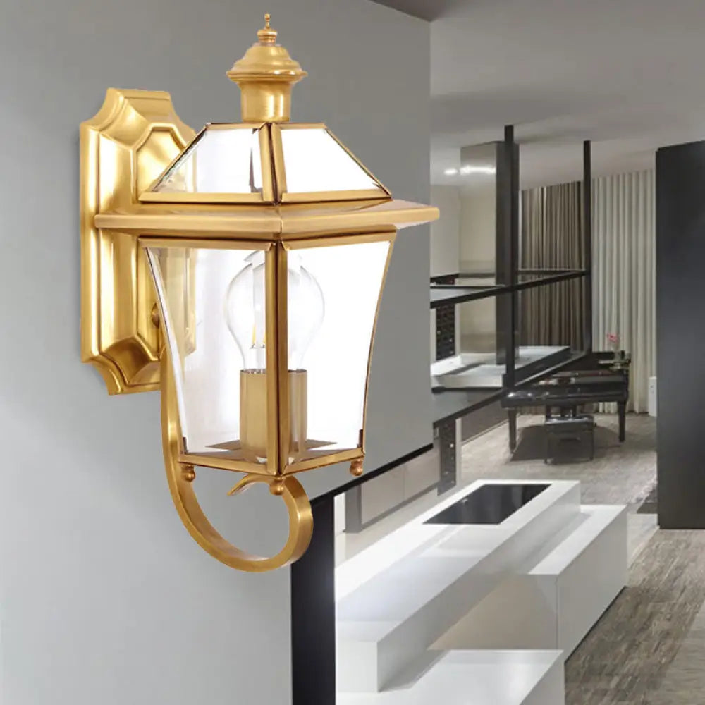 Traditional Curved Arm Sconce Light With Clear/Textured Glass - Wall Mounted Lamp For Balcony Clear