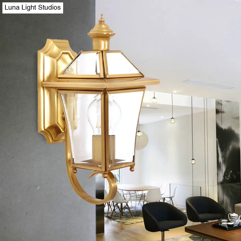 Traditional Curved Arm Sconce Light With Clear/Textured Glass - Wall Mounted Lamp For Balcony