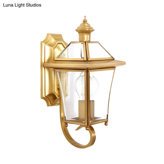 Traditional Curved Arm Sconce Light With Clear/Textured Glass - Wall Mounted Lamp For Balcony