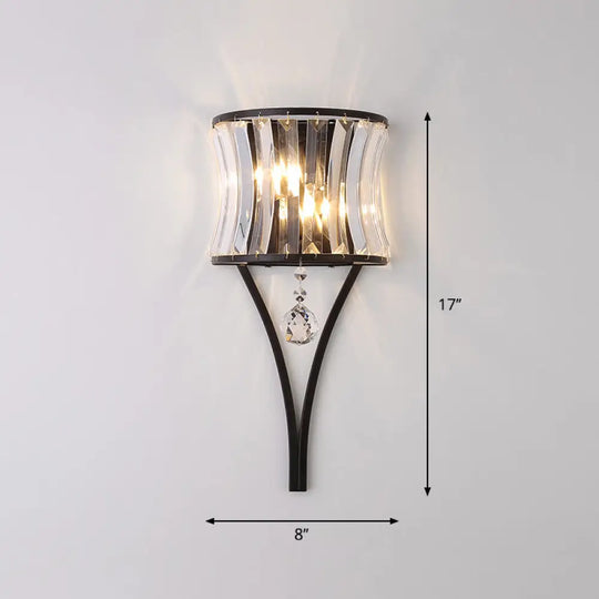 Traditional Curved Crystal Flush Wall Sconce - 1-Light Bedside Lighting Fixture Black