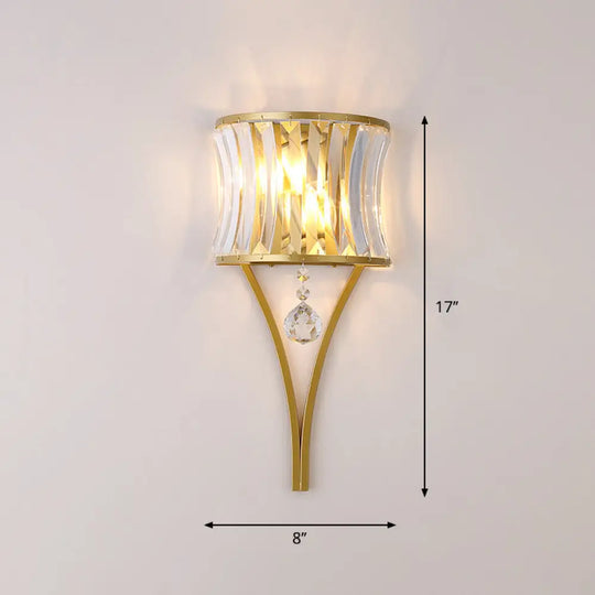 Traditional Curved Crystal Flush Wall Sconce - 1-Light Bedside Lighting Fixture Gold