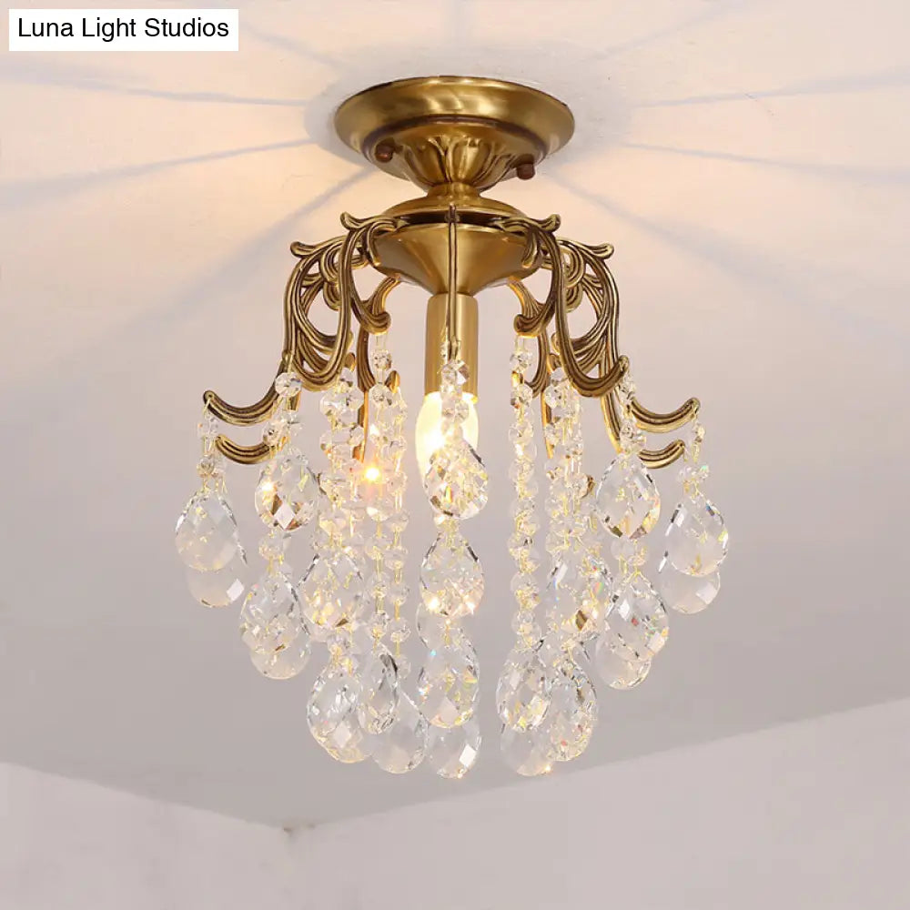 Traditional Curved Semi Flush Mount 1-Light Metal Ceiling Fixture With Clear/Cognac Crystal Droplet