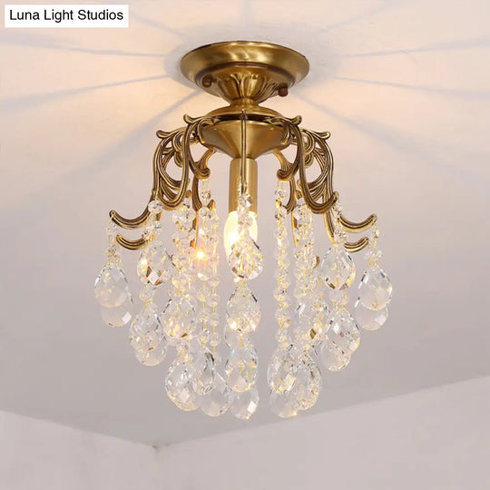 Traditional Curved Semi Flush Mount 1-Light Metal Ceiling Fixture With Clear/Cognac Crystal Droplet