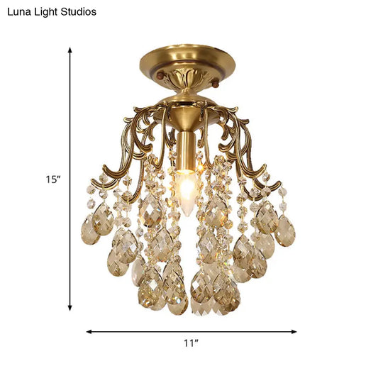 Traditional Curved Semi Flush Mount 1-Light Metal Ceiling Fixture With Clear/Cognac Crystal Droplet