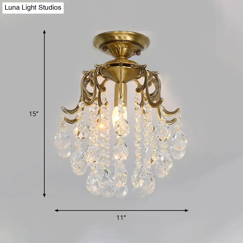 Traditional Curved Semi Flush Mount 1-Light Metal Ceiling Fixture With Clear/Cognac Crystal Droplet