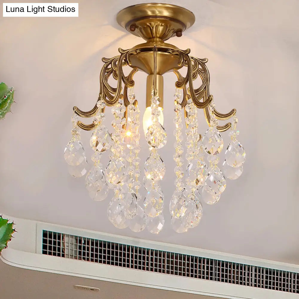 Traditional Curved Semi Flush Mount 1-Light Metal Ceiling Fixture With Clear/Cognac Crystal Droplet