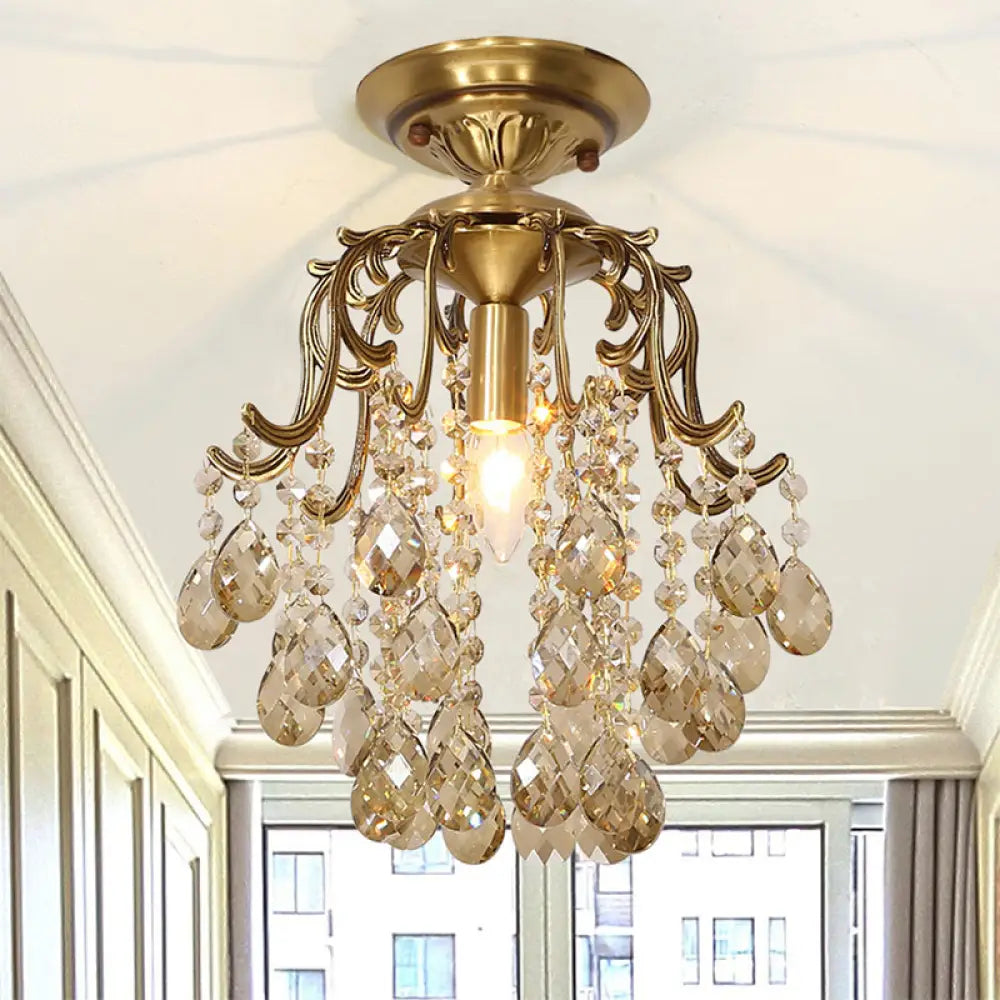 Traditional Curved Semi Flush Mount 1-Light Metal Ceiling Fixture With Clear/Cognac Crystal Droplet