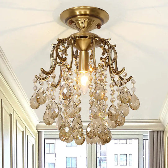 Traditional Curved Semi Flush Mount 1-Light Metal Ceiling Fixture With Clear/Cognac Crystal Droplet