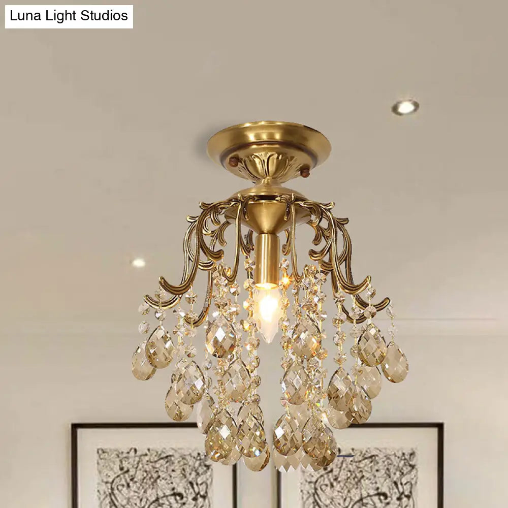 Traditional Curved Semi Flush Mount 1-Light Metal Ceiling Fixture With Clear/Cognac Crystal Droplet