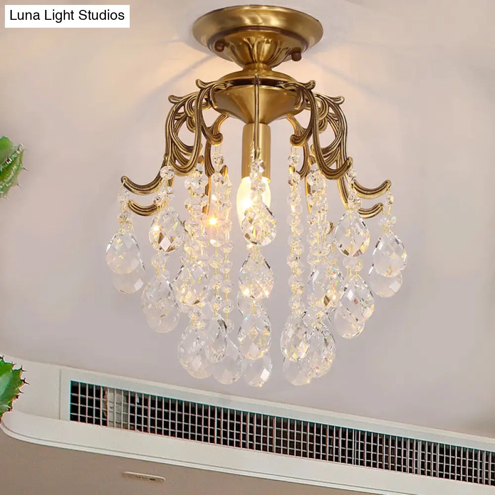 Traditional Curved Semi Flush Mount 1-Light Metal Ceiling Fixture With Clear/Cognac Crystal Droplet