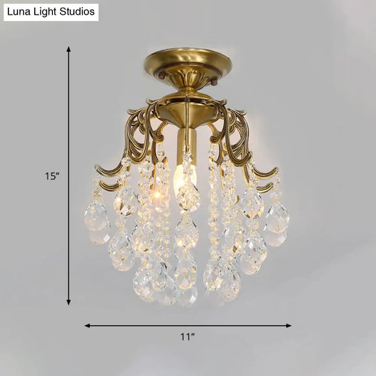 Traditional Curved Semi Flush Mount 1-Light Metal Ceiling Fixture With Clear/Cognac Crystal Droplet