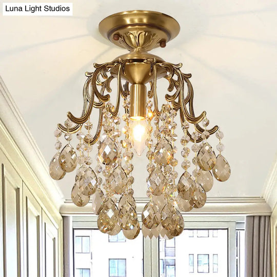 Traditional Curved Semi Flush Mount 1-Light Metal Ceiling Fixture With Clear/Cognac Crystal Droplet