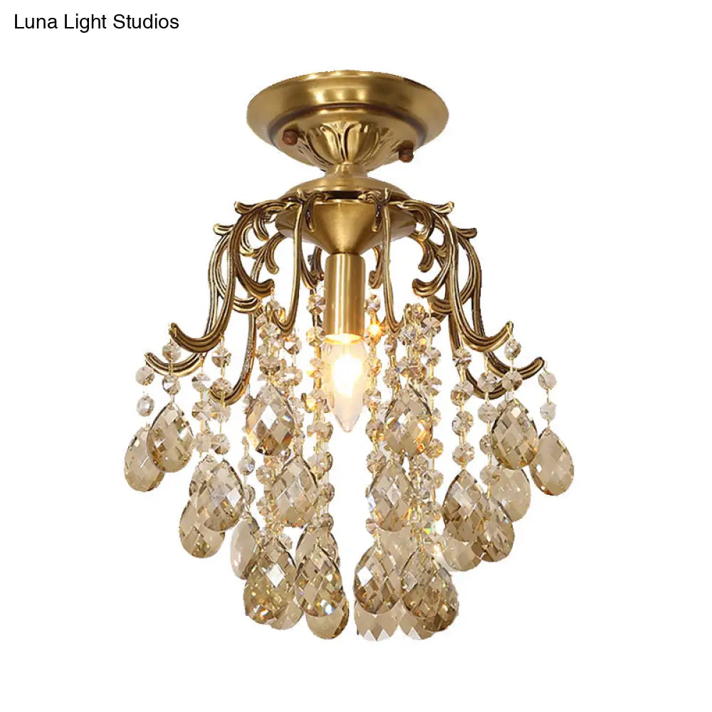 Traditional Curved Semi Flush Mount 1-Light Metal Ceiling Fixture With Clear/Cognac Crystal Droplet