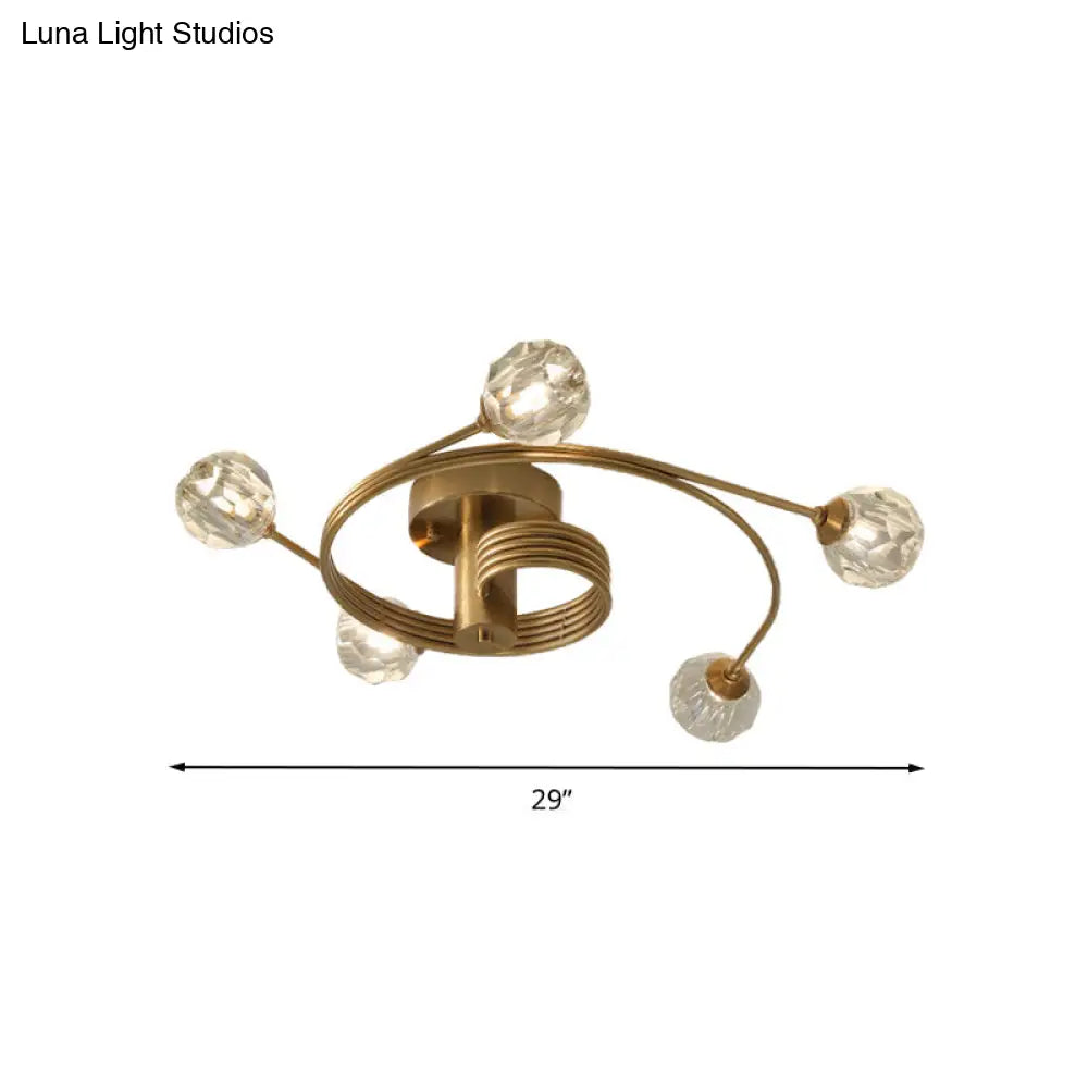 Traditional Cut Crystal Gold Ceiling Mount Light With Curved Metal Arm - 5 Head Ball Semi-Flush