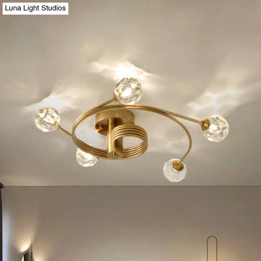 Traditional Cut Crystal Gold Ceiling Mount Light With Curved Metal Arm - 5 Head Ball Semi-Flush