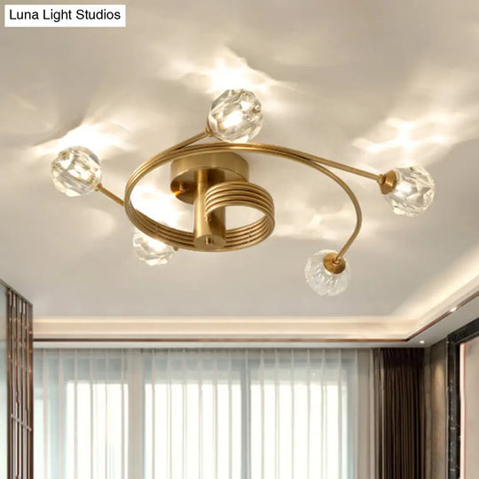 Traditional Cut Crystal Gold Ceiling Mount Light With Curved Metal Arm - 5 Head Ball Semi-Flush