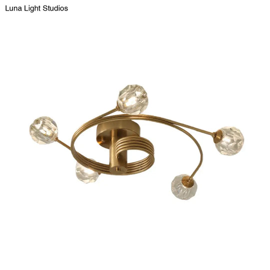 Traditional Cut Crystal Gold Ceiling Mount Light With Curved Metal Arm - 5 Head Ball Semi-Flush