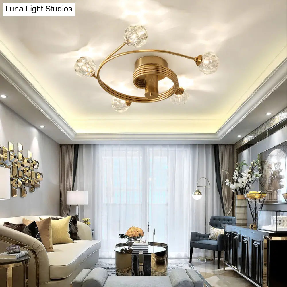 Traditional Cut Crystal Gold Ceiling Mount Light With Curved Metal Arm - 5 Head Ball Semi-Flush