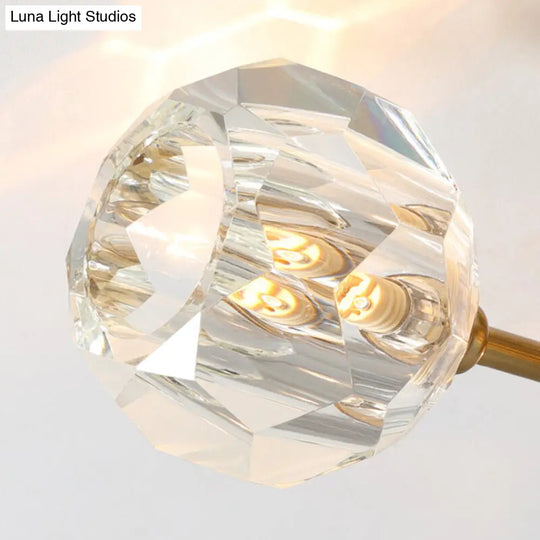 Traditional Cut Crystal Gold Ceiling Mount Light With Curved Metal Arm - 5 Head Ball Semi-Flush