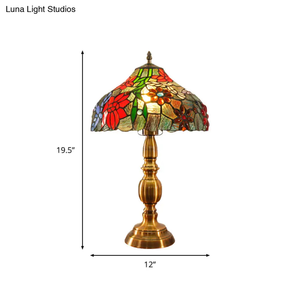 Traditional Cut Glass Bowl Task Lighting: Brass Night Table Light With Floral Bird Pattern