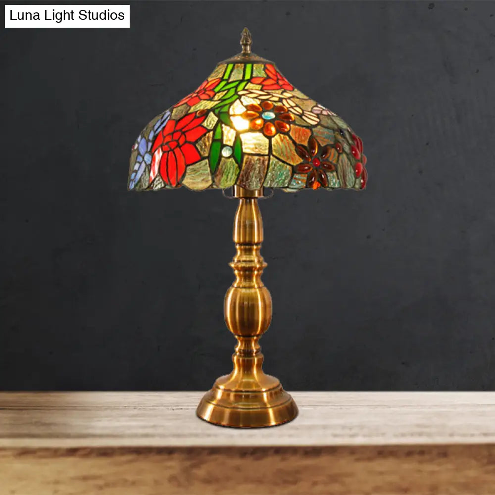 Traditional Cut Glass Bowl Task Lighting: Brass Night Table Light With Floral Bird Pattern