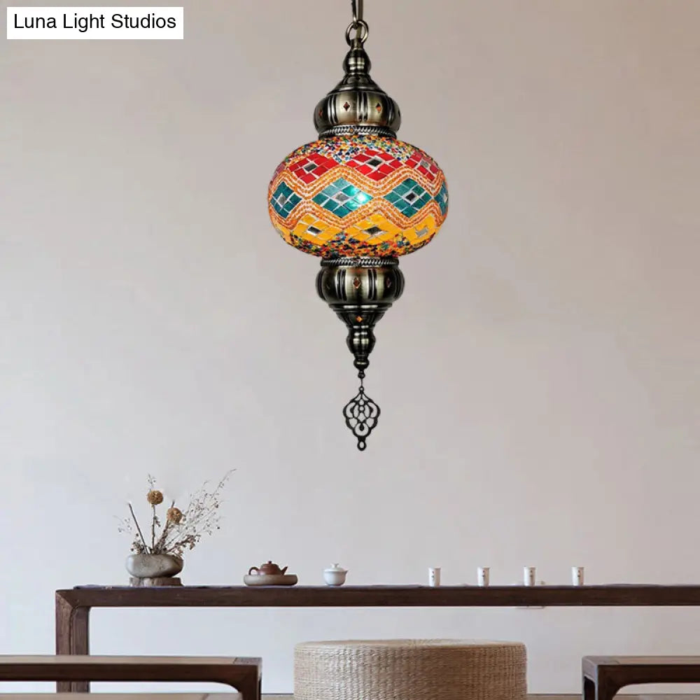 Traditional Cut Glass Oval Pendant Light- Beige/Yellow/Blue- Dining Room Fixture