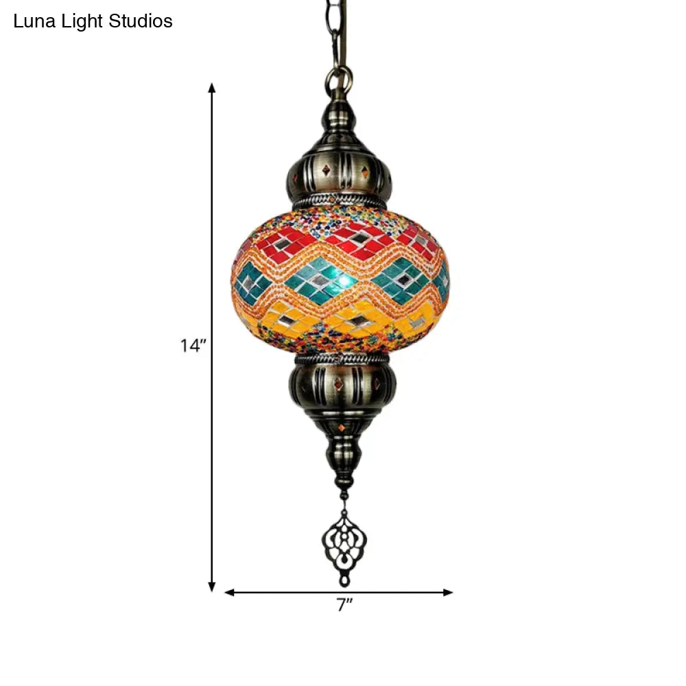 Traditional Cut Glass Oval Pendant Light- Beige/Yellow/Blue- Dining Room Fixture