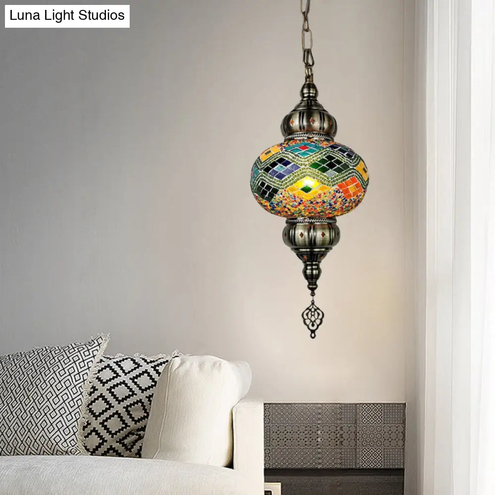 Traditional Cut Glass Oval Pendant Light- Beige/Yellow/Blue- Dining Room Fixture