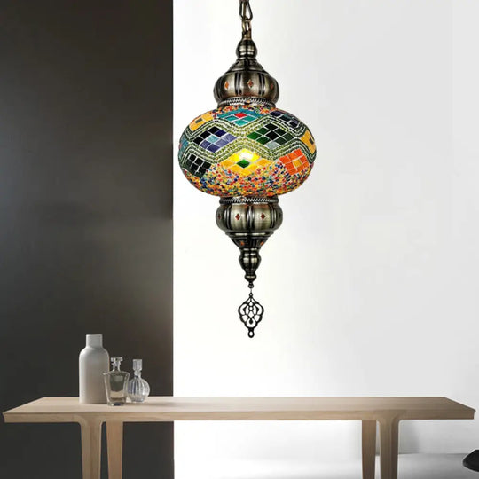 Traditional Cut Glass Oval Pendant Light- Beige/Yellow/Blue- Dining Room Fixture Green