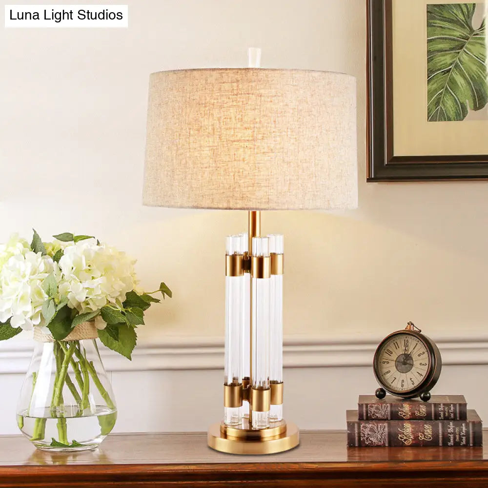 Traditional Cylinder Crystal Base Table Lamp For Bedroom With Flaxen Fabric Shade