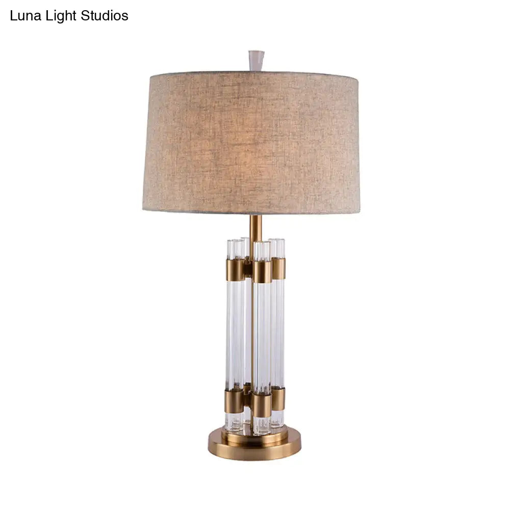 Traditional Cylinder Crystal Base Table Lamp For Bedroom With Flaxen Fabric Shade