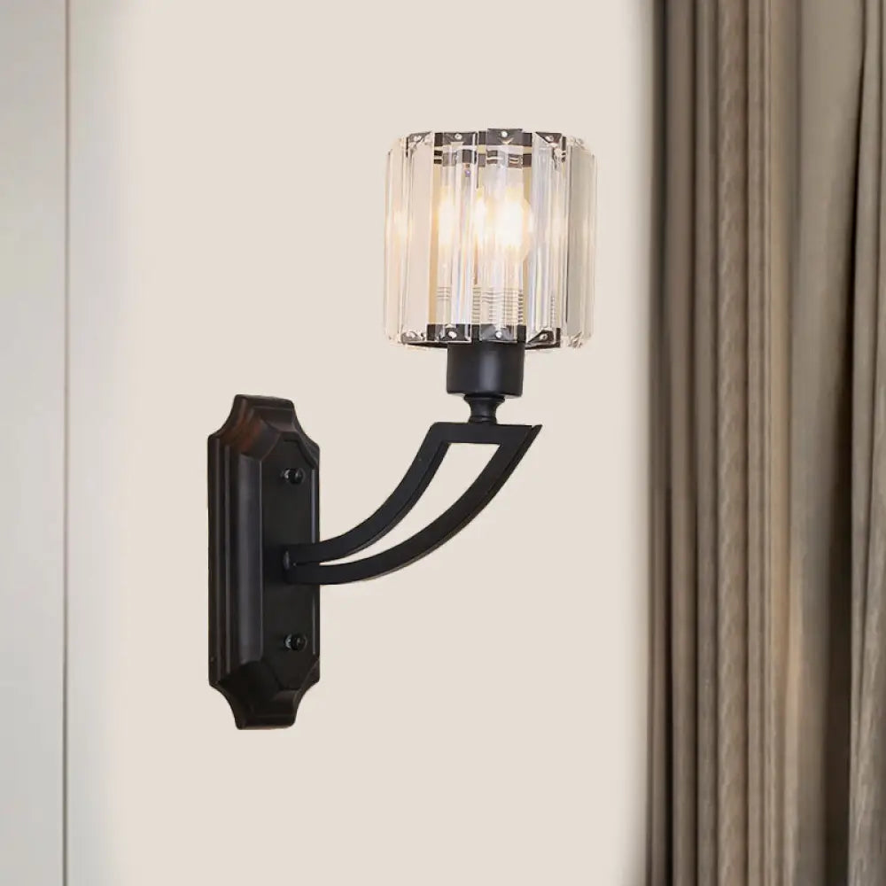 Traditional Cylinder Crystal Wall Sconce In Black Elegant Bedroom Mount Light Fixture