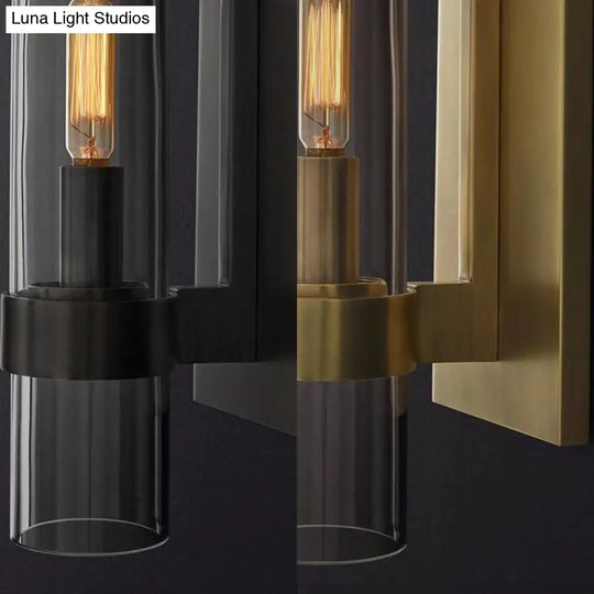 Traditional Cylinder Glass Sconce Light - 2.5/5 Wide Wall Lamp For Stairs With Black/Brass Finish