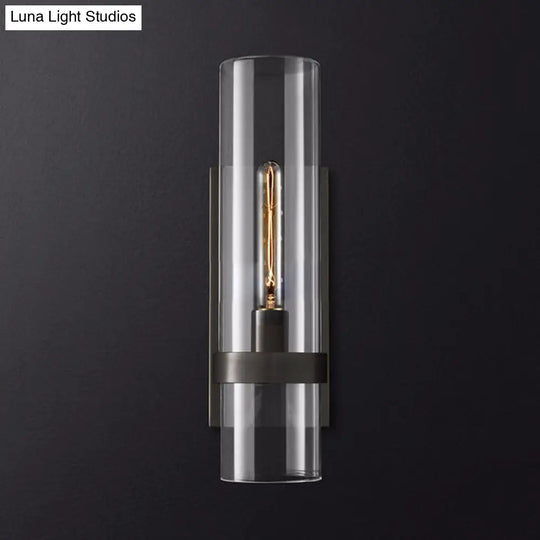 Traditional Cylinder Glass Sconce Light - 2.5/5 Wide Wall Lamp For Stairs With Black/Brass Finish