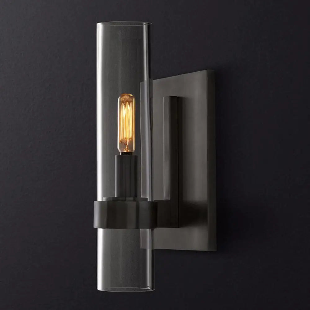 Traditional Cylinder Glass Sconce Light - 2.5/5 Wide Wall Lamp For Stairs With Black/Brass Finish