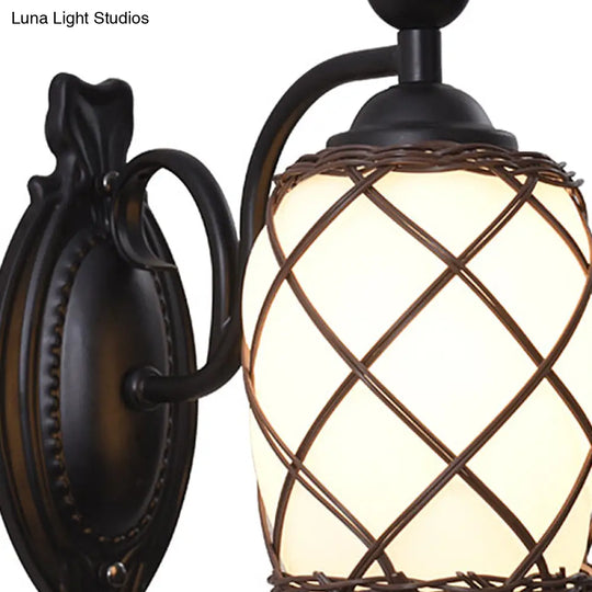 Traditional Cylinder Glass Wall Light Fixture With Bamboo-Woven Shade - Black