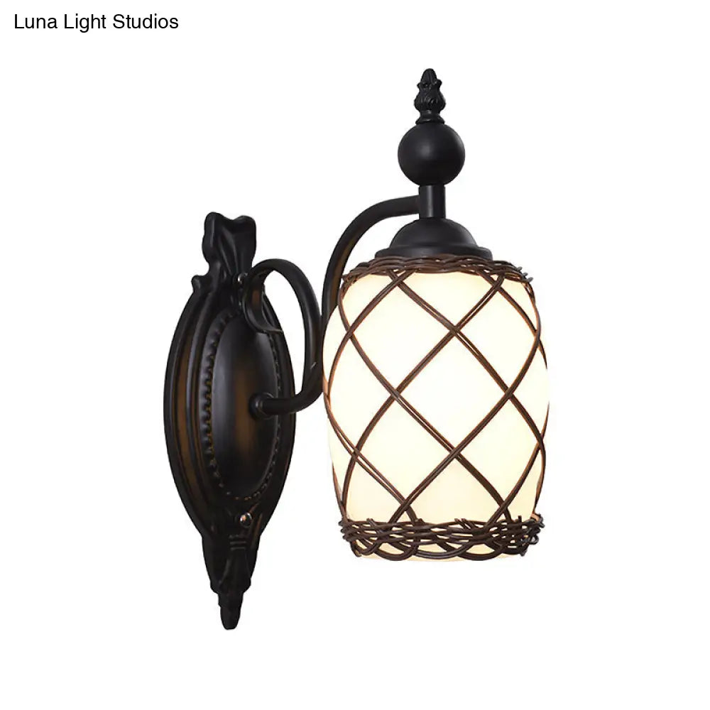 Traditional Cylinder Glass Wall Light Fixture With Bamboo-Woven Shade - Black