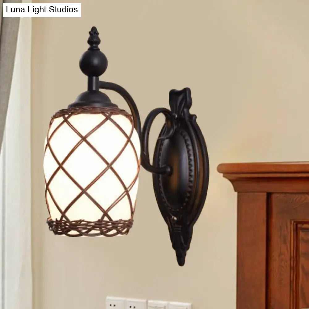 Traditional Cylinder Glass Wall Light Fixture With Bamboo-Woven Shade - Black