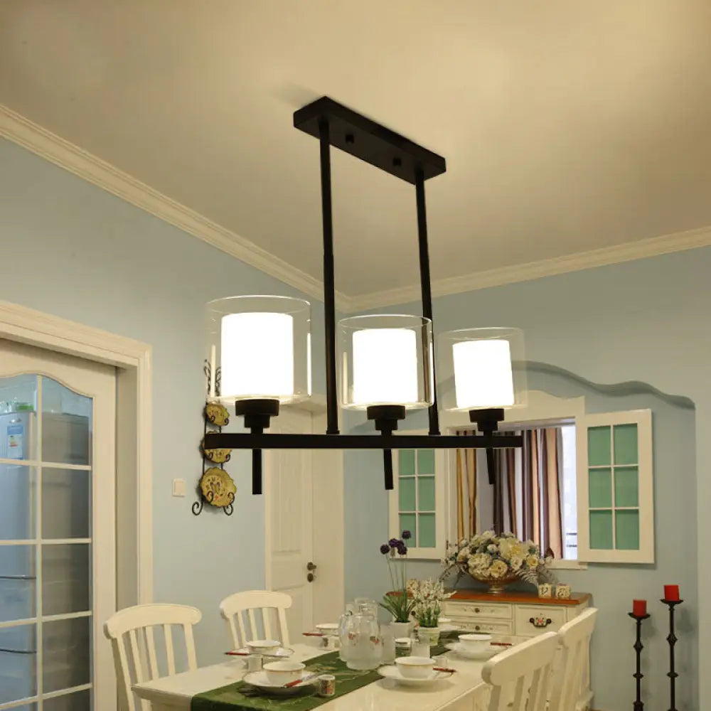 Traditional Cylinder Island Dining Room Lamp With White Glass Shades - 3/4 Hanging Lights 3 /