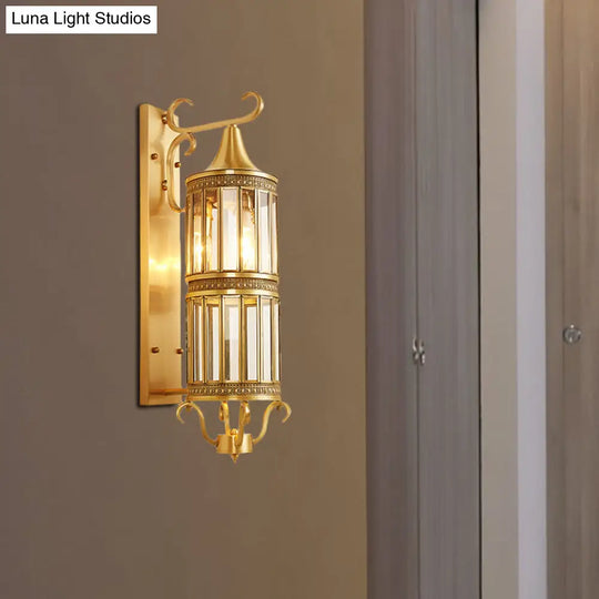 Traditional Cylinder Metal Sconce Light - 1/3-Bulb Brass Entry Wall Fixture 6.5/10 Wide