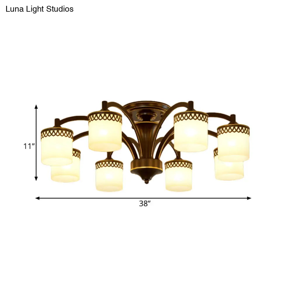 Traditional Cylinder Semi Flush Lighting - Frosted Glass Mount Ceiling Lamp (3/6/8 Bulbs) In Black
