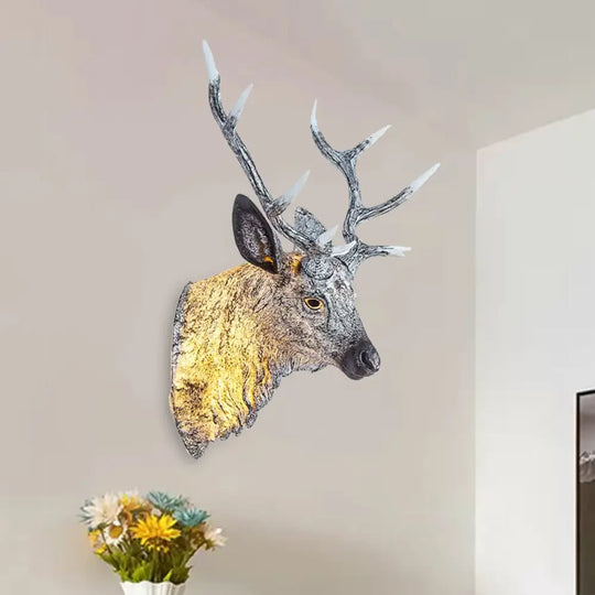 Traditional Deer Head Wall Light In Resin Grey/Silver/Bronze With 1 Sconce Grey