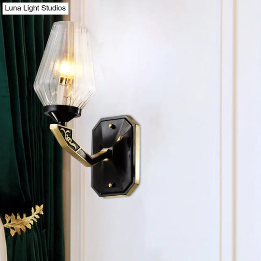 Traditional Diamond Clear Ribbed Glass Up Wall Light Fixture - Black | 1 Head Mount Lamp