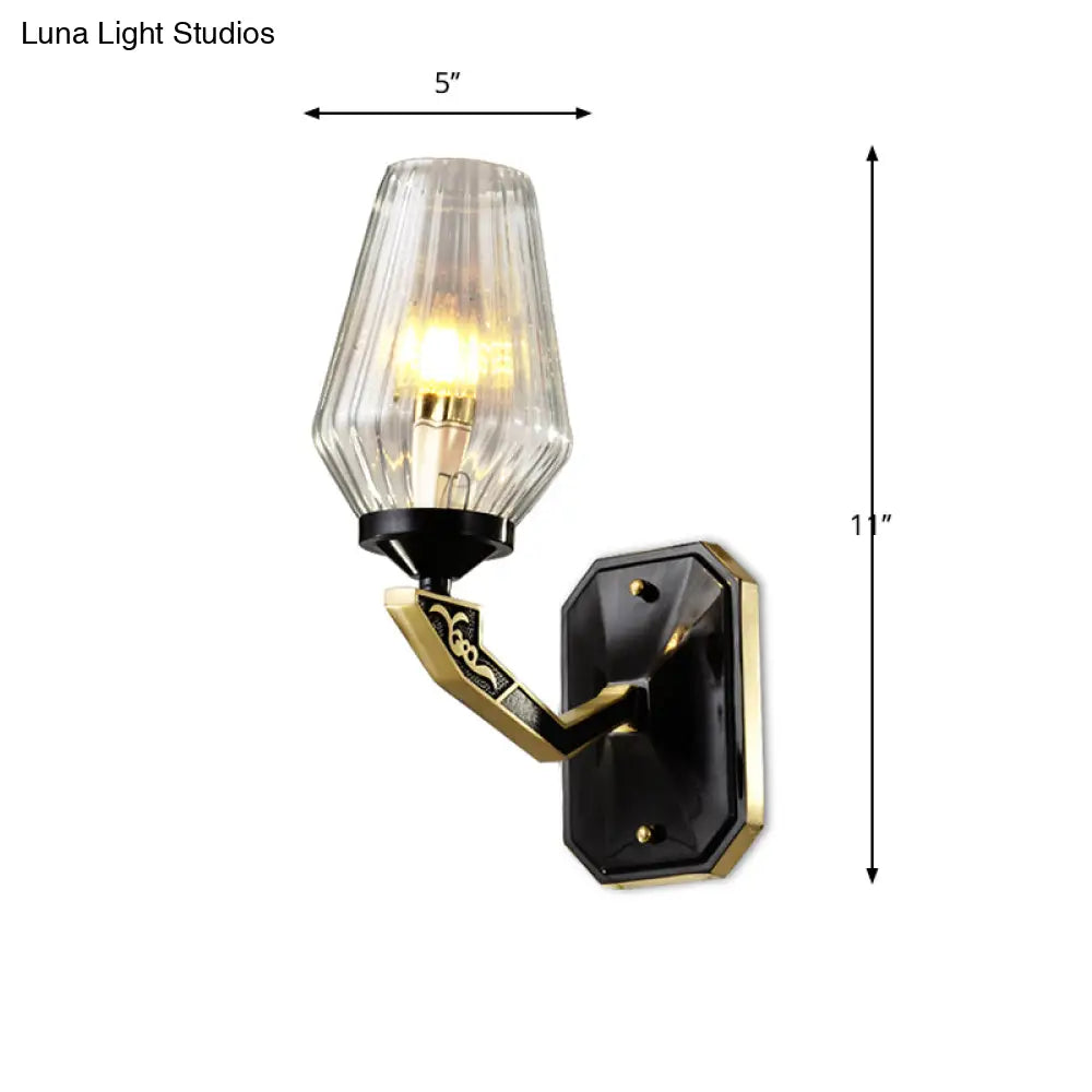 Traditional Diamond Clear Ribbed Glass Up Wall Light Fixture - Black | 1 Head Mount Lamp