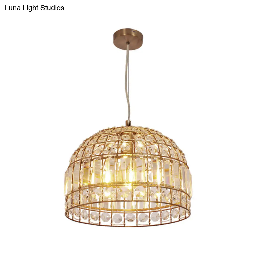 Dome Crystal Ceiling Pendant - Traditional Brass Drop Lamp With Metallic Frame (9/14/18 Width)