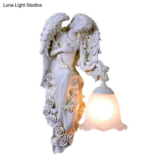 Traditional Double Angel Wall Lamp - White Resin Single Light Left/Right Mount