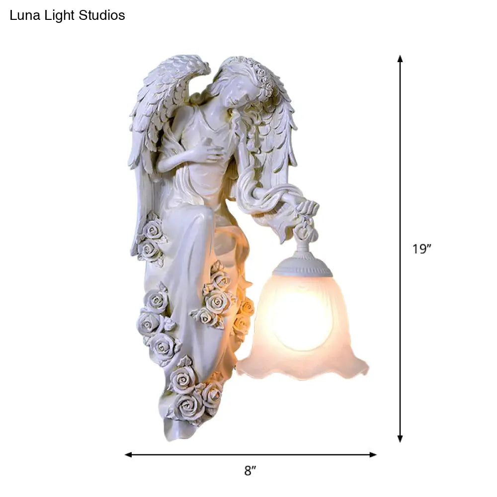 Traditional Double Angel Wall Lamp - White Resin Single Light Left/Right Mount