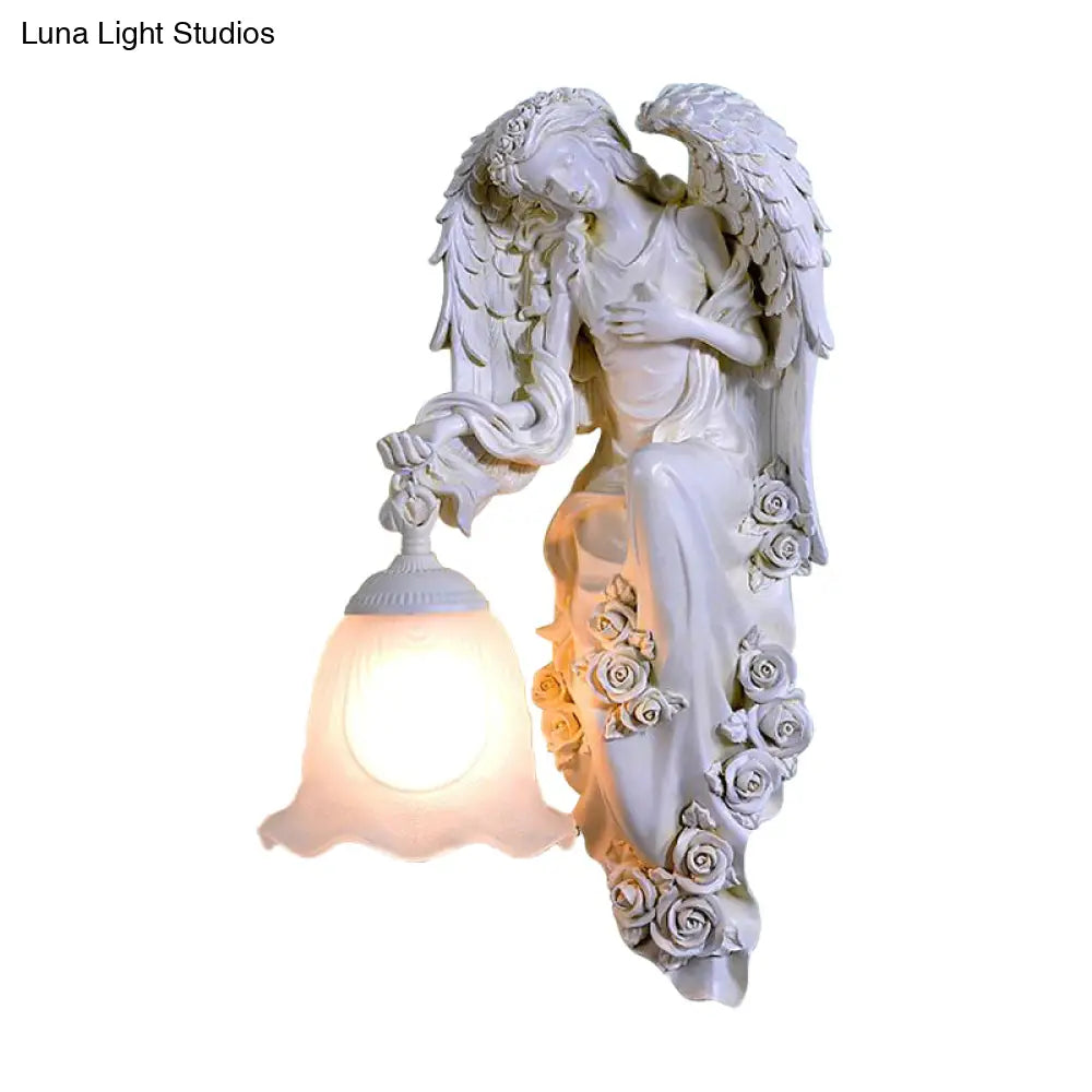 Traditional Double Angel Wall Lamp - White Resin Single Light Left/Right Mount