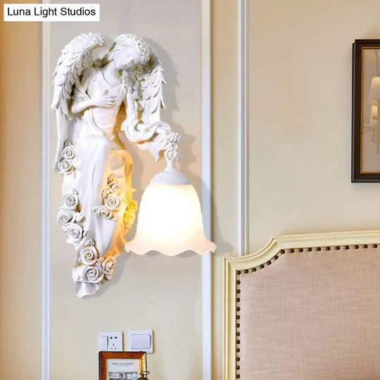 Traditional Double Angel Wall Lamp - White Resin Single Light Left/Right Mount